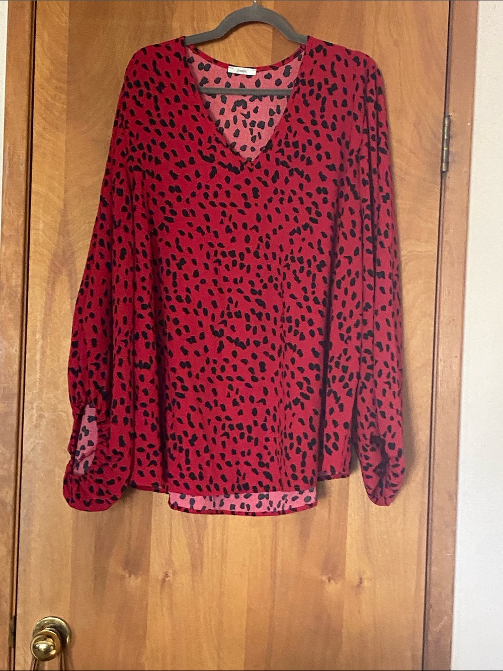 JODIFL Red & Black Leopard Print V-Neck Long Sleeve Blouse